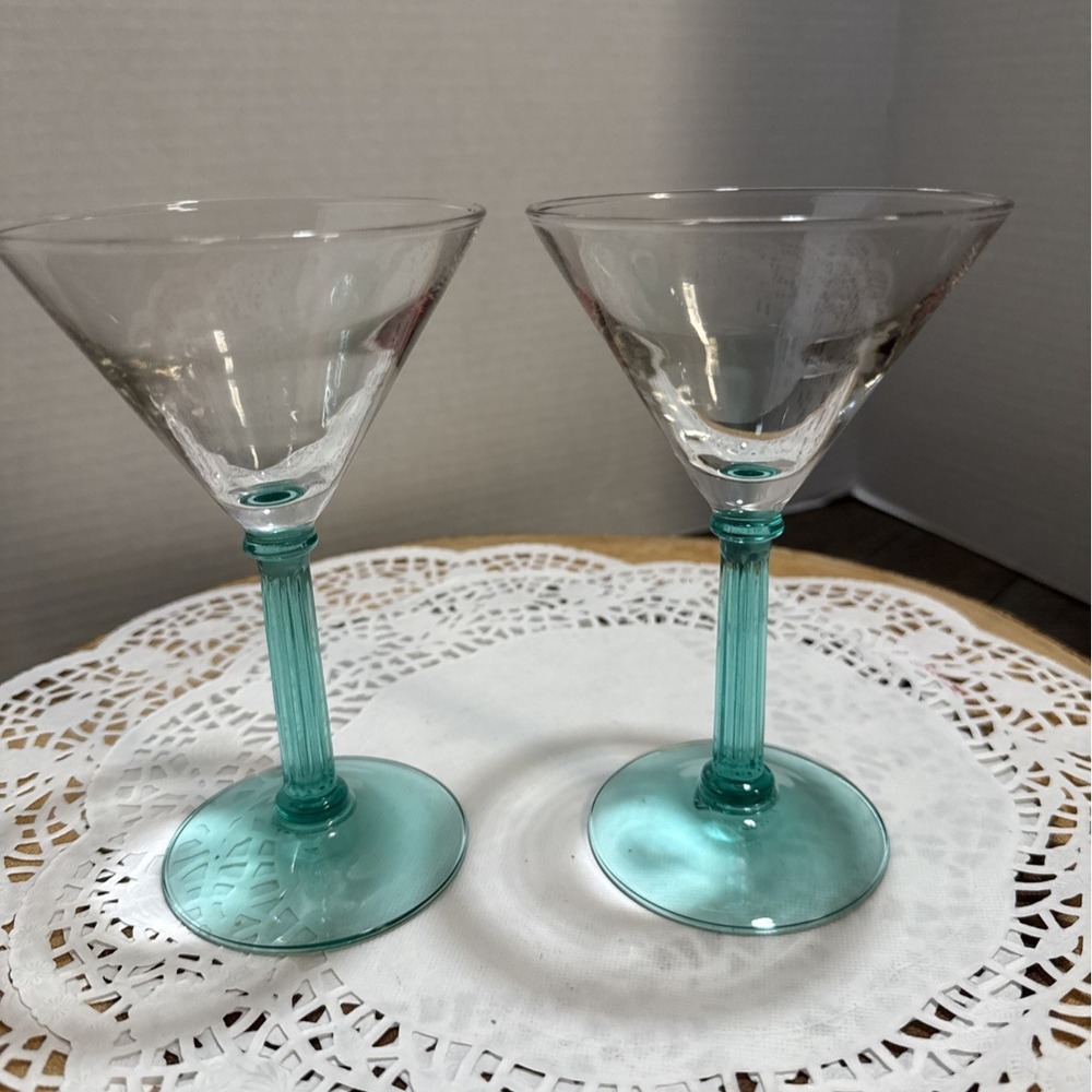 Vintage Luminarc France Martini Glasses Pair Aqua Teal Ribbed Stem 6" Retro